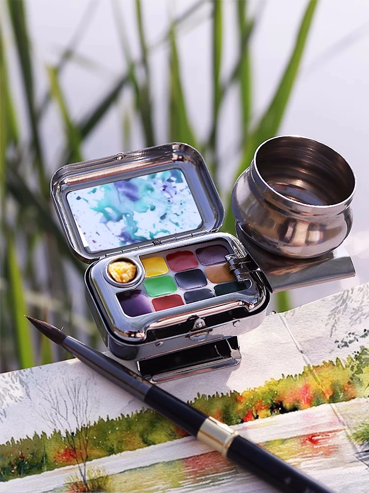 Reise-Aquarellfarben-Set Mini Tragbare Farbbox Aquarellfarben-Spender-Set Waschtopf Zeichenbuch Wasserstift – Detail 4