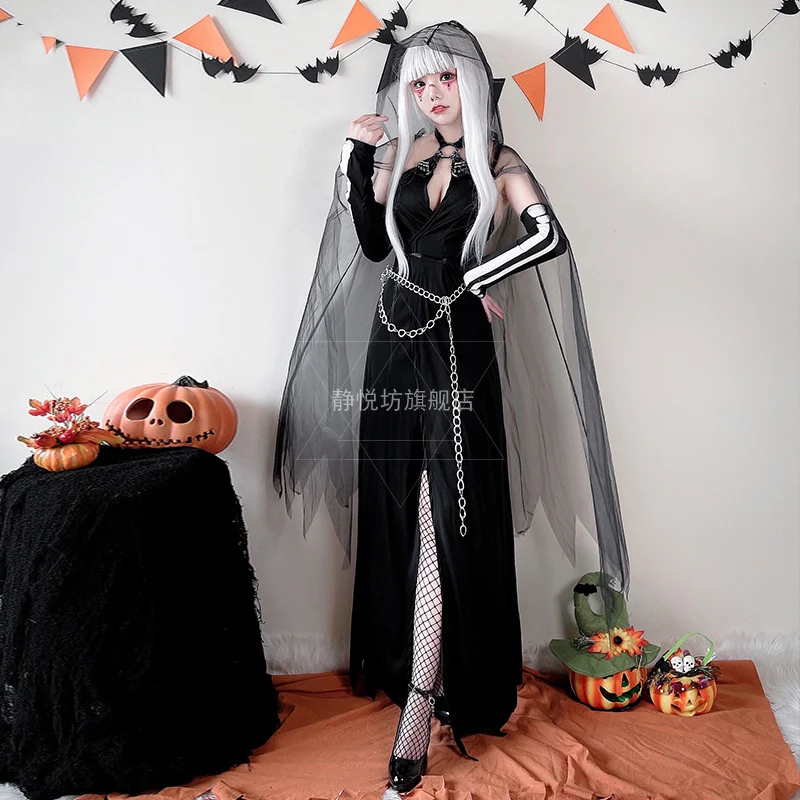 

Halloween Costume for Women Queen Cosplay Dress Shawl Chain Hellbringer Sexy Elegant Witch Suit Vampire Zombie Disfraz Anime