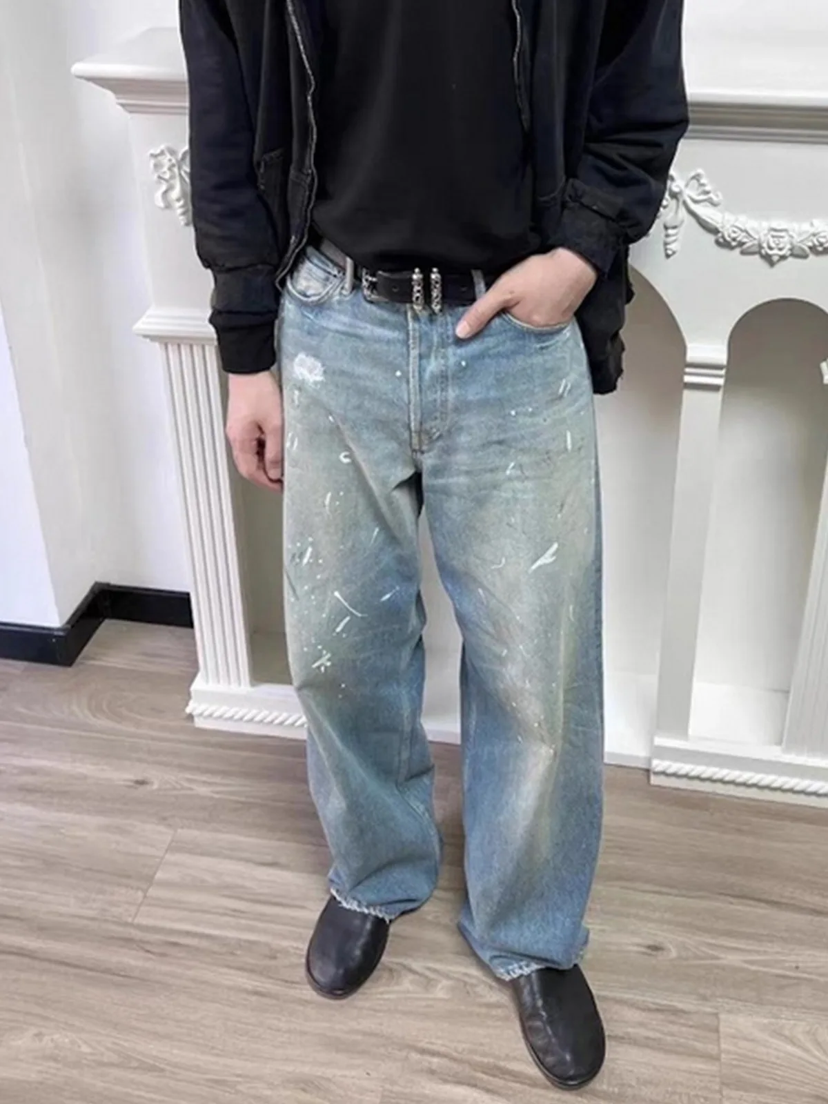 MIJKO Tie Dye Splatter Paint Denim กางเกงยีนส์ผู้ชายกางเกงยีนส์ขากว้างหลวมอเมริกัน TJ131