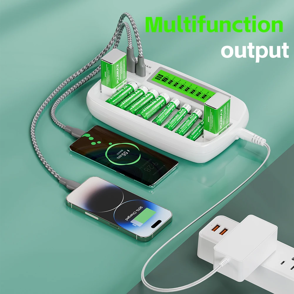 PUJIMAX 10-slot Ni-MH Battery Charger Charge 1-8pcs AA/AAA Ni-MH/Ni-Cd Rechargeable Batteries 2pcs 9V Rechargeable Batteries