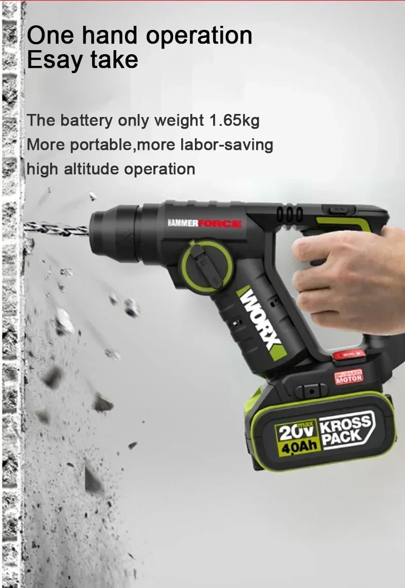 WORX WU380S Cordless Rotary Hammer Drill Power Tool 3 In1 SDS Chuck Brushless Motor Share Green 20V Battery Platform