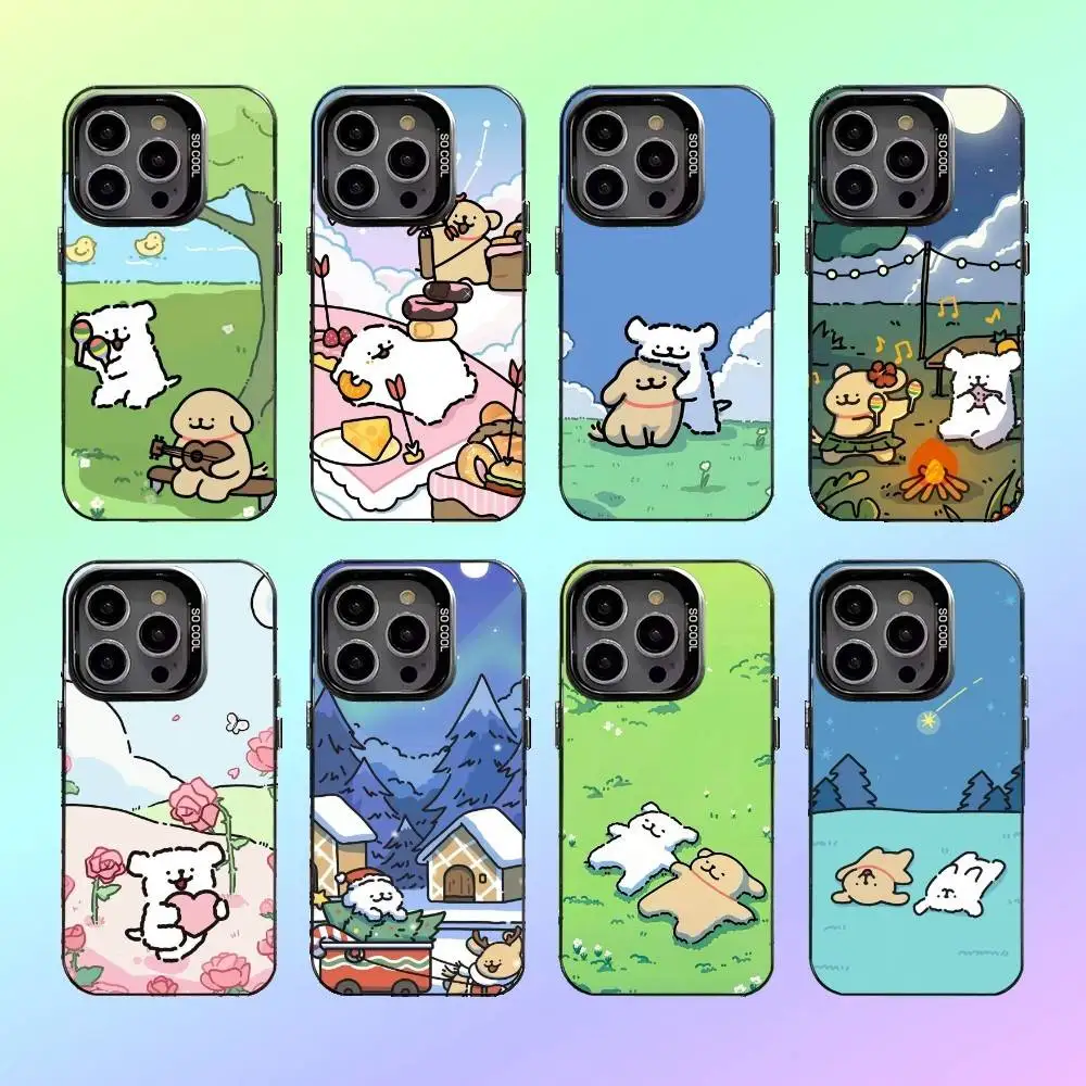 

K-Korea line p-puppy Maltese Phone Case For iPhone17,16,15,14,13,12,11 Colored Silver Plated Inside Cover