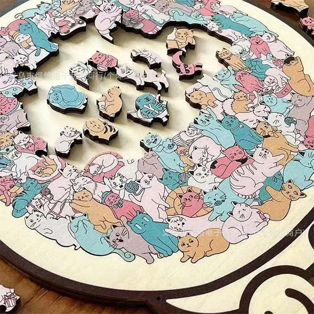 135 Teile Morandi-farbiges katzenförmiges Holzpuzzle, Katzenförmiges Puzzle Cartoon Big Mouth Cat Kreative Weihnachtsgeschenke