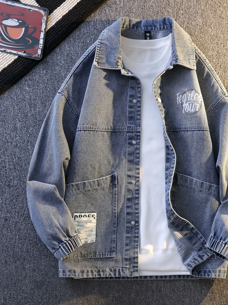 

Spring Autumn Loose Men's Denim Jaet Casual Collar Sli Student Upper Apparel Long Sve Printed Straight Hem Jeans Jaet