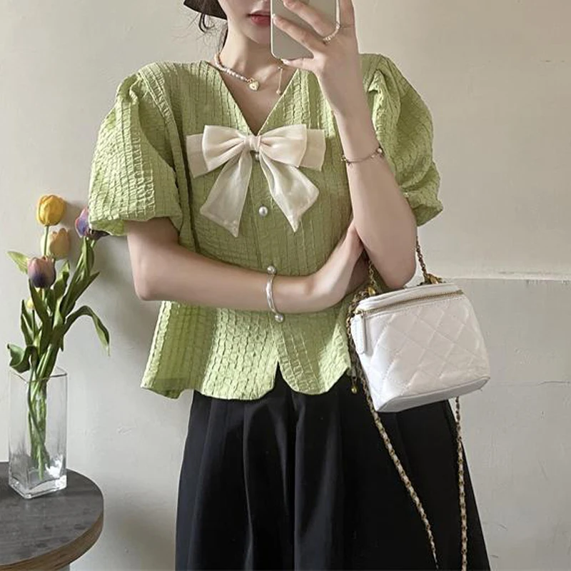 Women Stylish Bow Sweet Chic Luxury Beads Button Shirts Elegant V Neck Short Sleeve Blouses Female Solid Loose Kawaii Fairy Tops