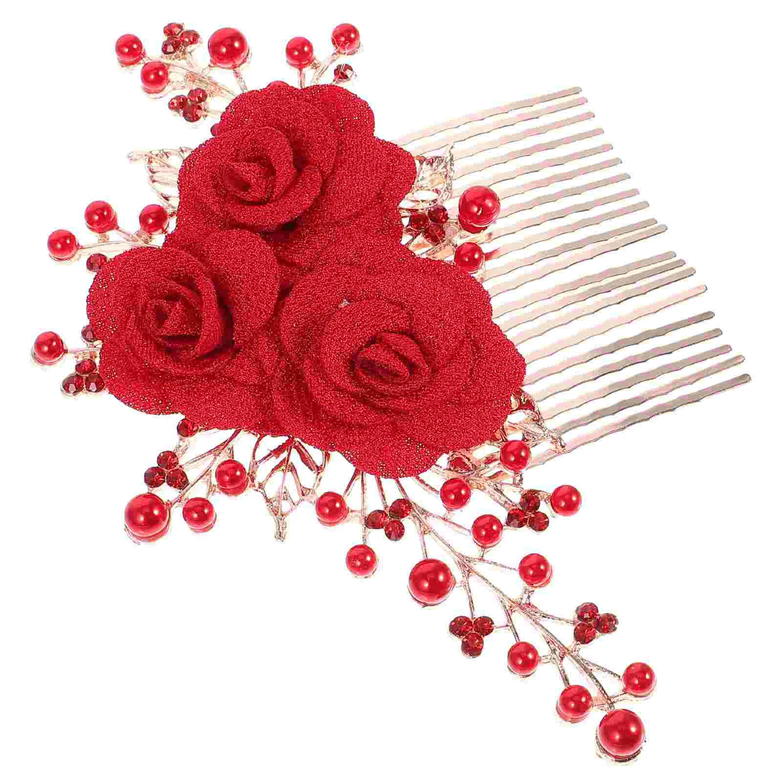 Hair Accessory for Women Red Plug Barrettes Floral Headpiece Alloy Bride Side Comb