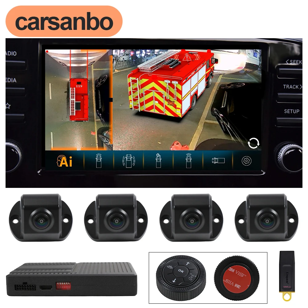 Carsanbo Truck Bus RV Van 360 Degree Panoramic Camera System Surround View 3D Bird Eye View AHD 1080P 4 Cameras Car DVR Monitor
