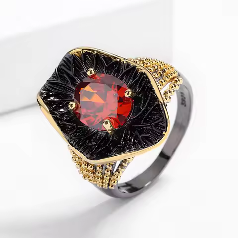 Exaggerated Irregular Black Gold Ring 925 Silver New Red Zircon Jewelry Bohemian Party Bridal Gift