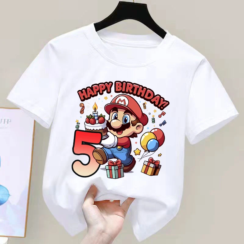 سوبر ماريوس الأطفال عدد تي شيرت الصبي عيد ميلاد الملابس الكرتون الطفل قصيرة الأكمام المحملة الصيف طفل قمم أنيمي الاطفال الملابس