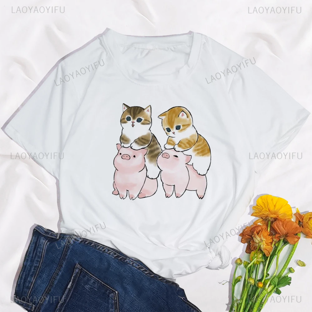 Make Fun of Strawberry Cat Print Women T Shirt Funny Shark Cat Gift Aesthetics Graphic Clothing White Kawaii Cat Short Sleeve