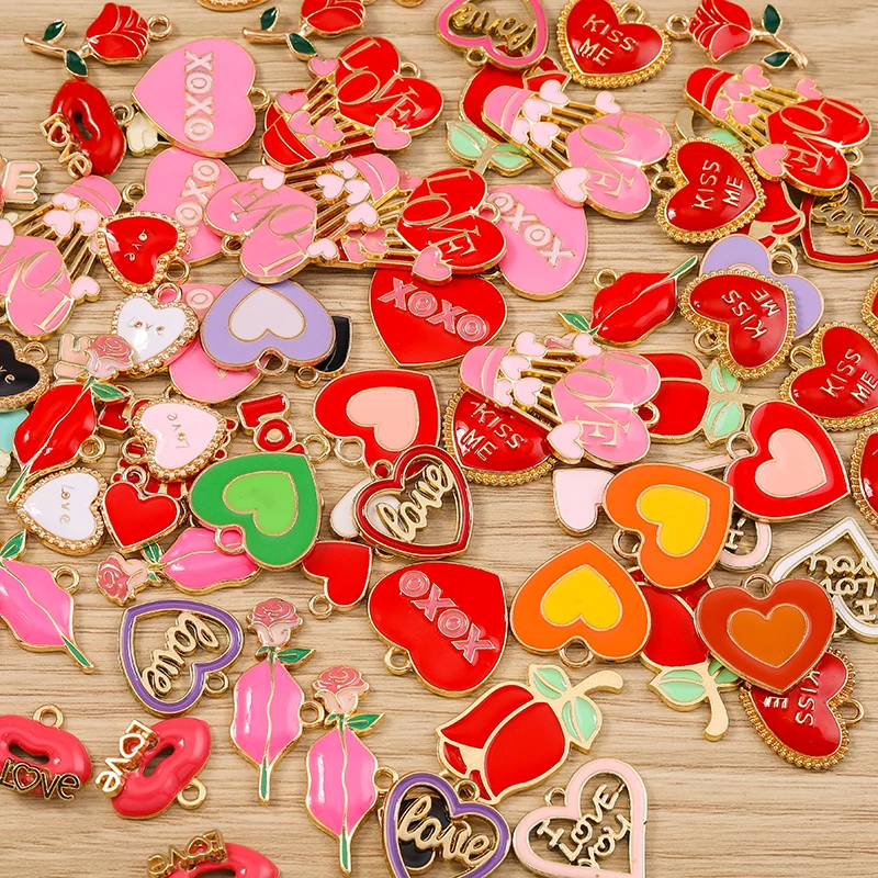 

Tusember 10pcs New Alloy Romantic Valentine's Day Charms Red Love Hearts Pendants For DIY Bracelet Key chain Jewelry Making