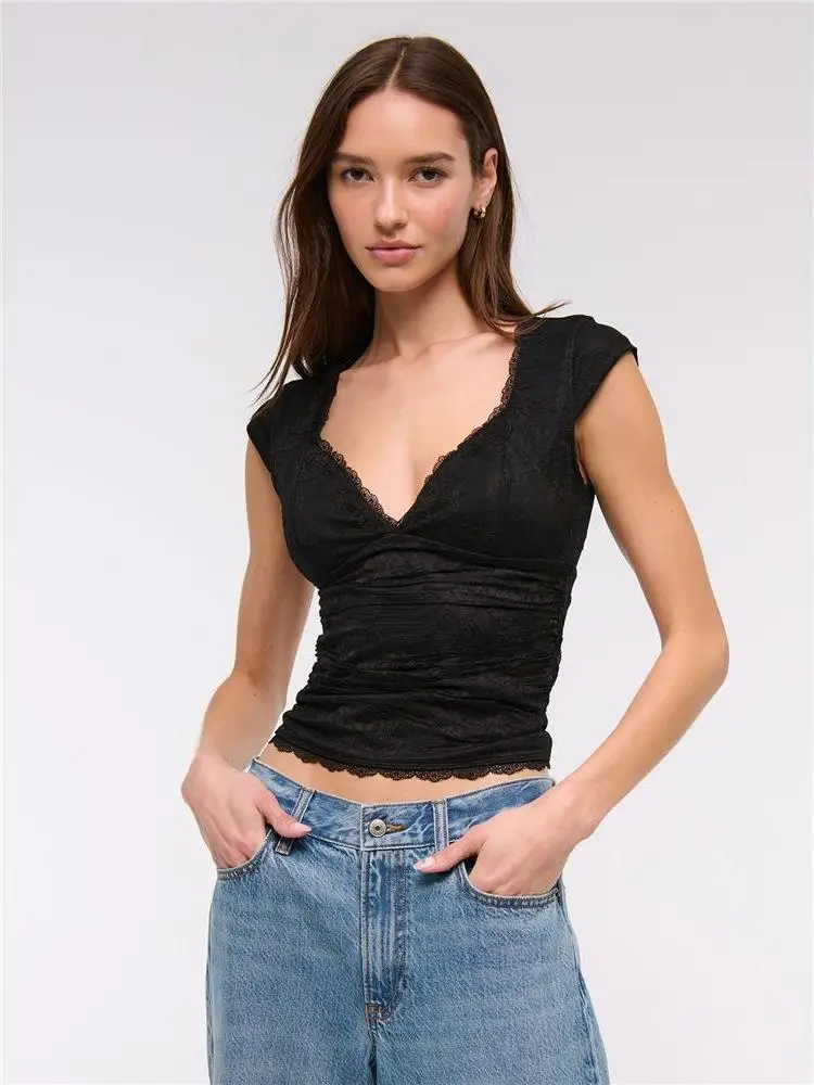 Ruffle Sleeve Lace Camisole Women's Summer V-neck Short Sleeve T-shirt Base Shirt Drawstring Youthful Halter Top