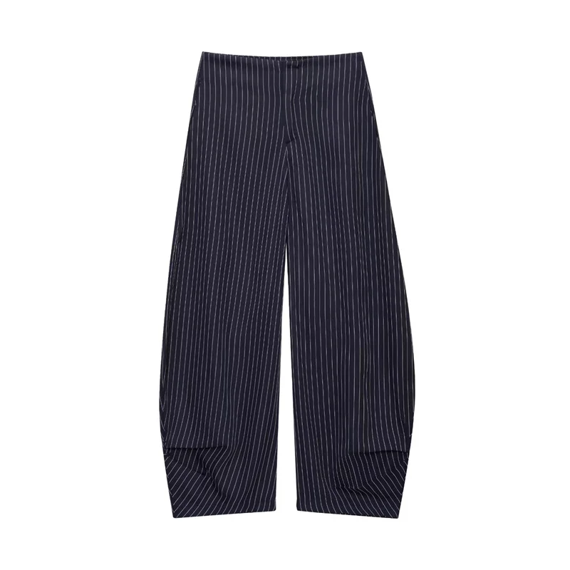 بدلة نسائية 2025 سترة مخططة جديدة من مزيج الكتان تناسب البالونات مخططة للربيع/الصيف طقم نسائي مكون من قطعتين