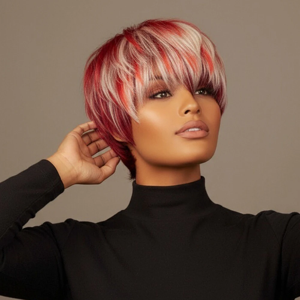 باروكات بيكسي قصيرة مستقيمة الطبقات مميزة، شعر بشري 100% منتفخة مسبقًا وخالية من التشابك، مصنوعة آليًا بالكامل مع الانفجارات للنساء