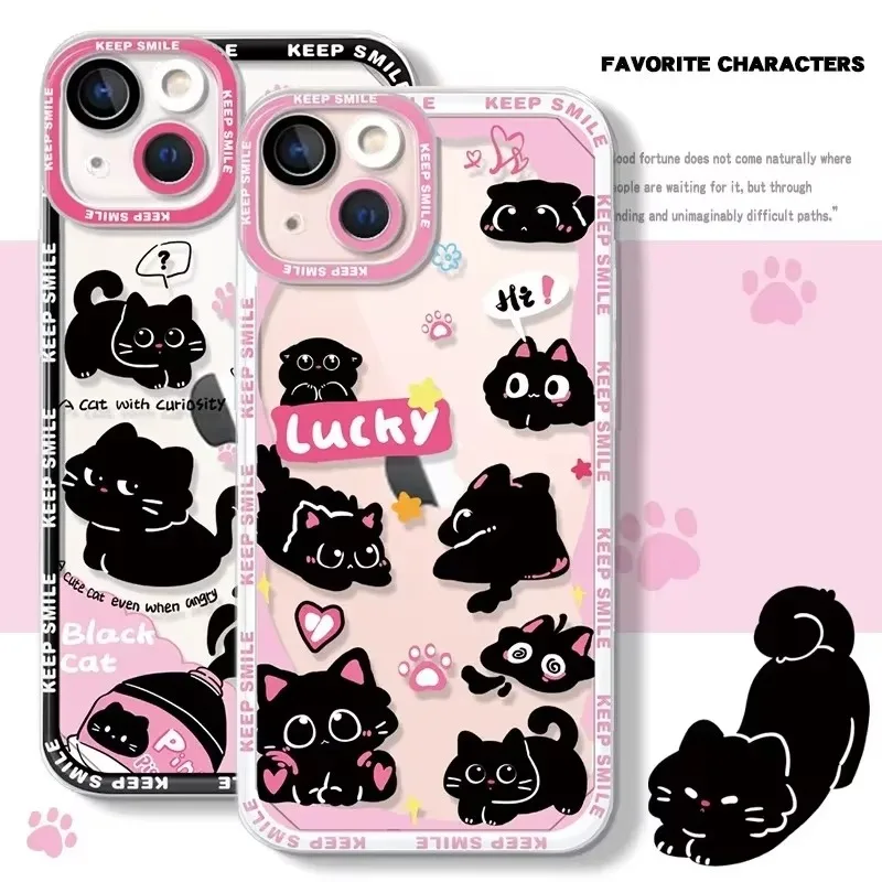 Kawaii Black Cat Soft Silicone Case For Samsung Galaxy S24 S23 S22 Ultra S21 S20 FE Note 20 10 Plus A15 A25 A35 A55 Clear Cover