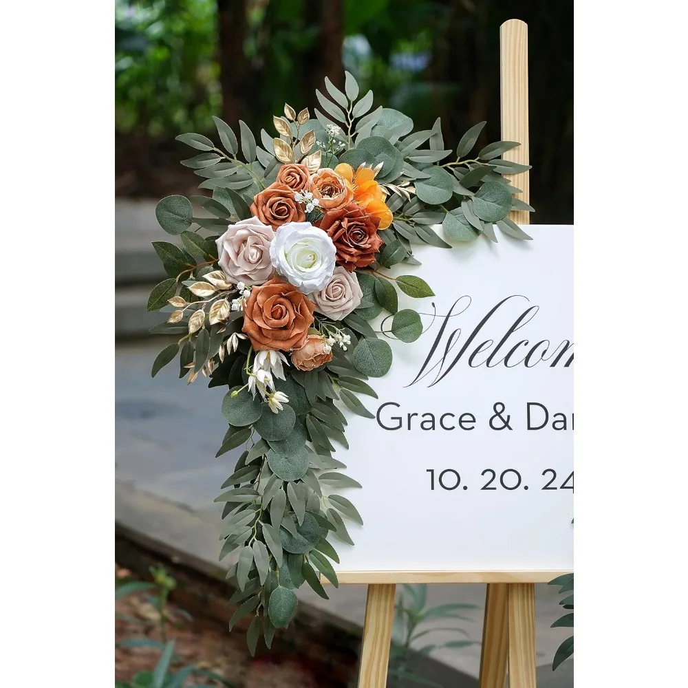 مجموعة غنيمة على شكل زهرة صناعية مكونة من 2 علامات ترحيب لحفلات الزفاف وزخارف زهور قوس الزفاف البرتقالية المحروقة لحفلات الزفاف
