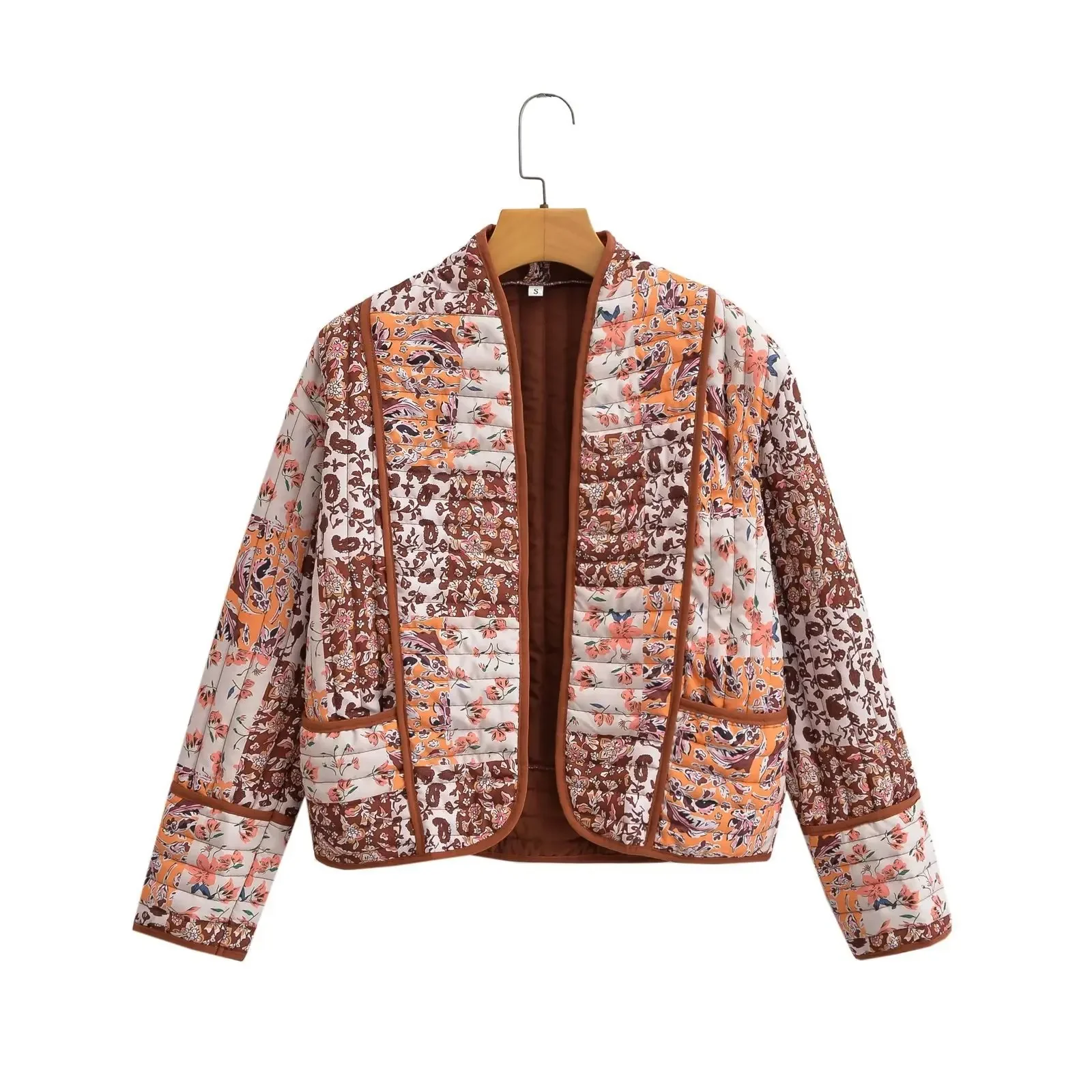 Women Autumn Quilted Jacket Short Floral Print Jacket Coat with Pocket Casual Office Lady Parkas