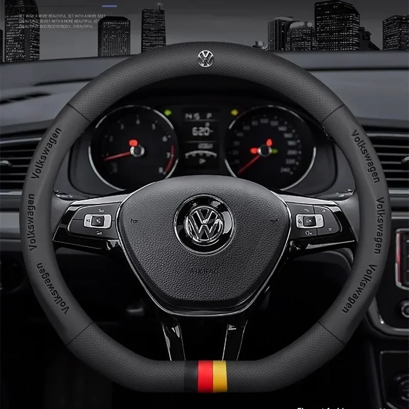 Car Leather Steering Wheel Cover AntiSlip For Volkswagen Magotan Passat Golf GTI Tiguan Touareg Polo Arteon Beetle T-ROC T-Cross