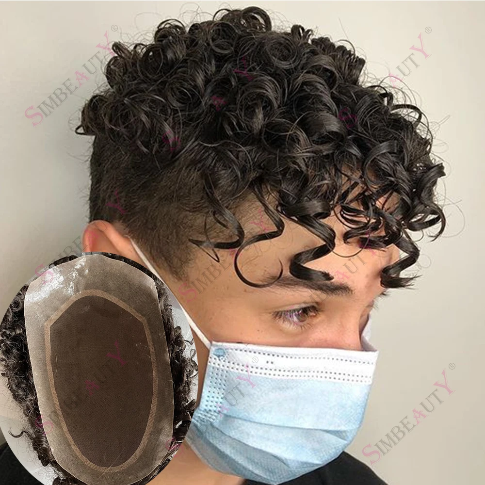 

20 мм, 25 мм, 28 мм, вьющиеся черные протезы для человеческих волос, комфортный моноустойчивый мужской парик из искусственной кожи, незаметная система замены волос для выпадения волос