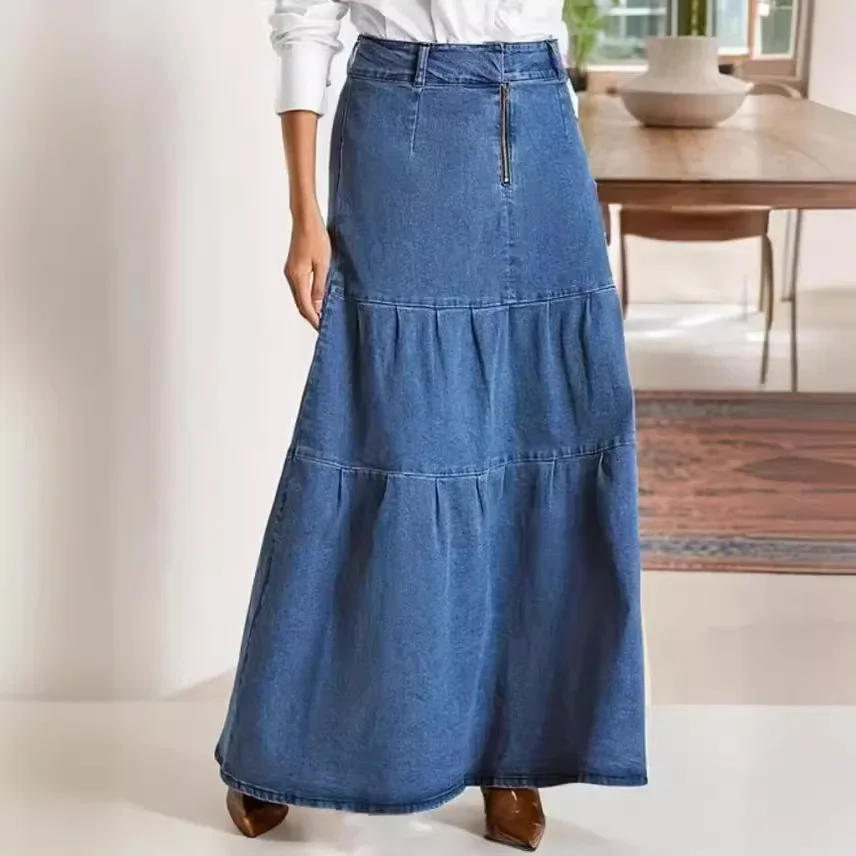 Denim Long Skirt for Women summer Vintage Solid Colour High Waist Zipper Skirts Female Basics Jean A Line Casual 2025 Streetwear