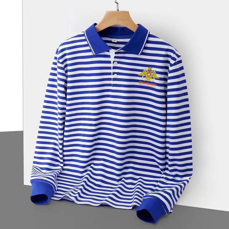 Russian Naval Jack Flag Emblem Sailor Stripes Polo Shirts 100% Cotton Long Sleeve Mens Striped T-Shirt Telnyashka Top view 3