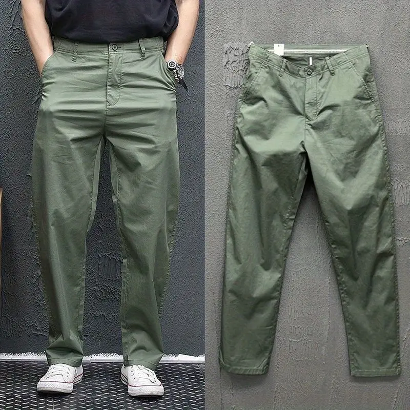 Japanese Cotton Casual Pants Men's 2026 Summer Loose White Pants New Simple Solid Straight Trousers Cargo Pants Men Clothing