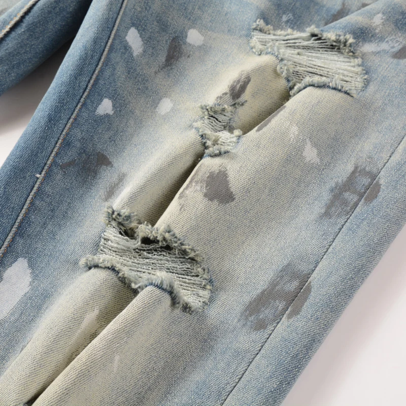 Fashionable new jeans stretch slim fit painted washed blue jeans high street hip-hop brand designer pants hombre