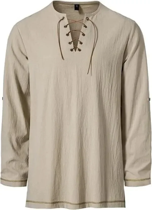 Mittelalterliches Schnürhemd für Herren mit Gürtel, langärmelig, Vintage-Piraten-Wikinger-Oberteil, Halloween-Cosplay-Kostüm, lässige Bluse – Detail 11