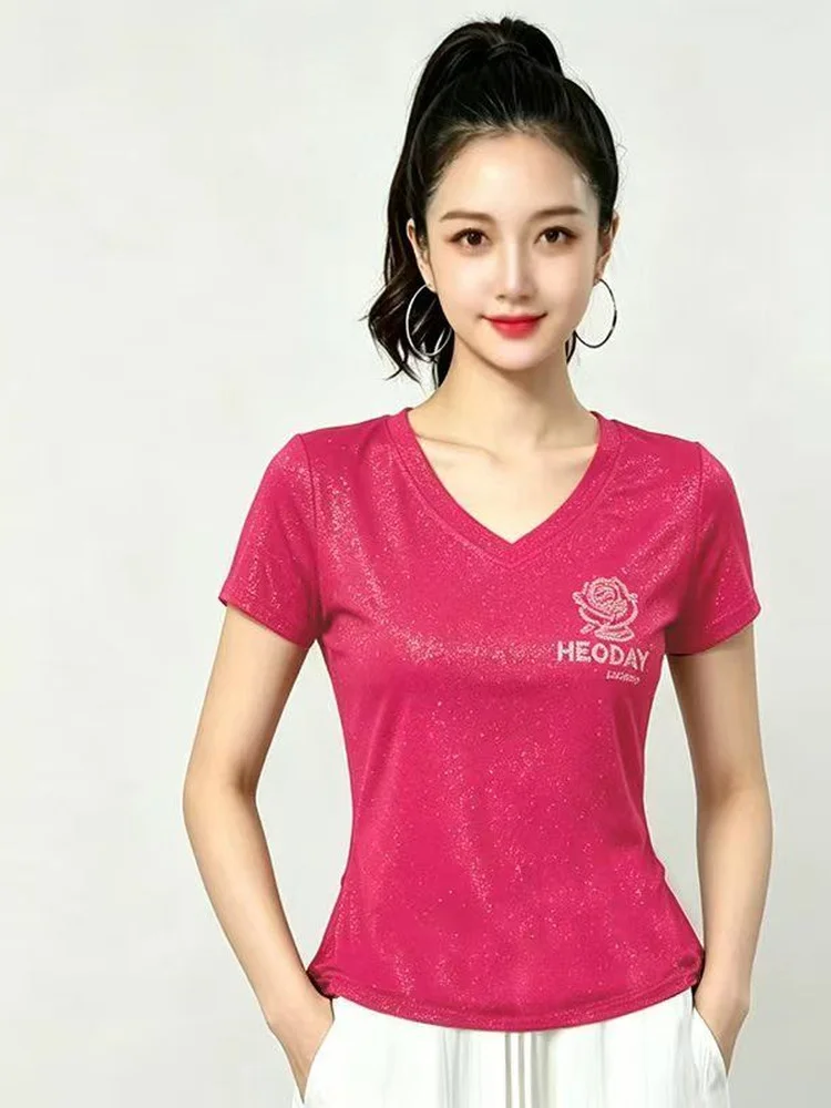 summer-new-short-sleeve-ladies'-shiny-sequin-double-layer-mesh-top-breathable-dance-sportswear-casual-clothes-hm
