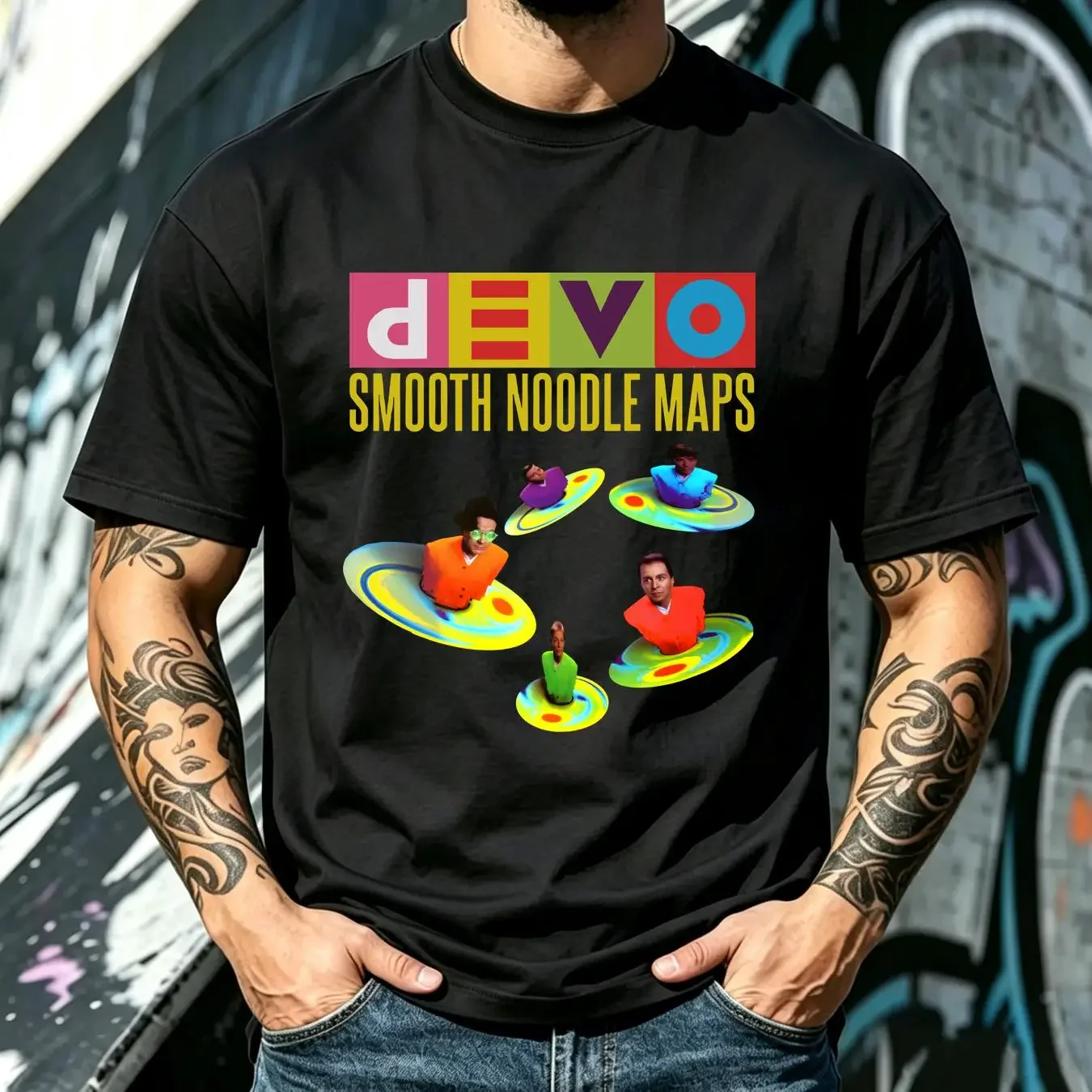 washed T Shirt Devo Smooth Noodle Maps Album Cover Morning Dew Black Size S 5XL vintage Washed Stretched Breathable Unisex