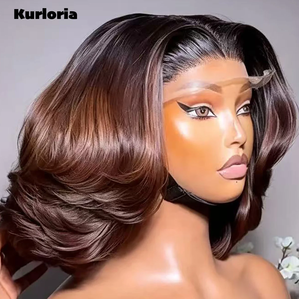 Black Root Brown Ombre Layered Bob Natural Wave 5by5 HD Lace Closure Wig Human Hair 13x4 HD Lace Glueless Wig Ready to Wear