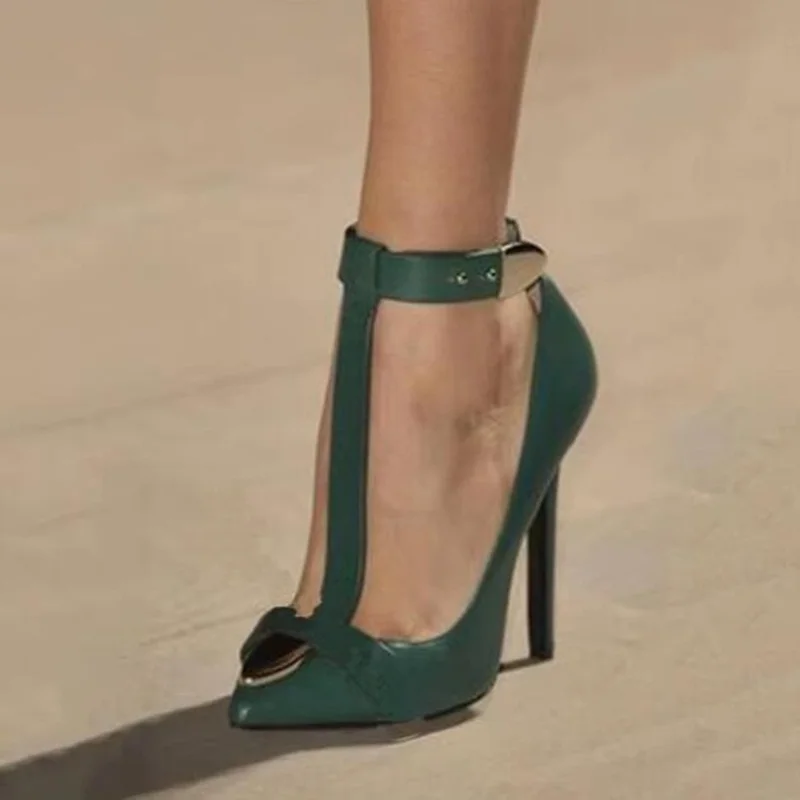 

Green Leather T strap Pumps Stiletto Heel Metal Decoration Ankle Buckle Strap Shoes Pointed Toe Pump Women Dress Shoes Big Size