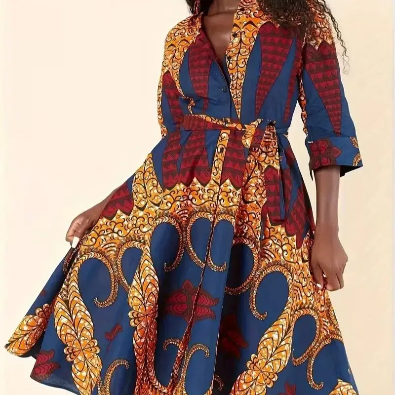 Sukienka damska w kwiatowy wzór, tradycyjna sukienka imprezowa zapinana na guziki z rękawem trzy czwarte.