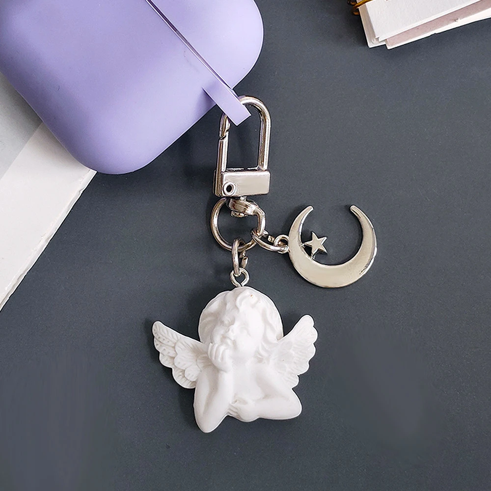 White Angel Pendant Keychain With Metal Star Moon Women Girls Earphone Case Decor Bag Charms Keyring Kid Party Souvenirs Gift