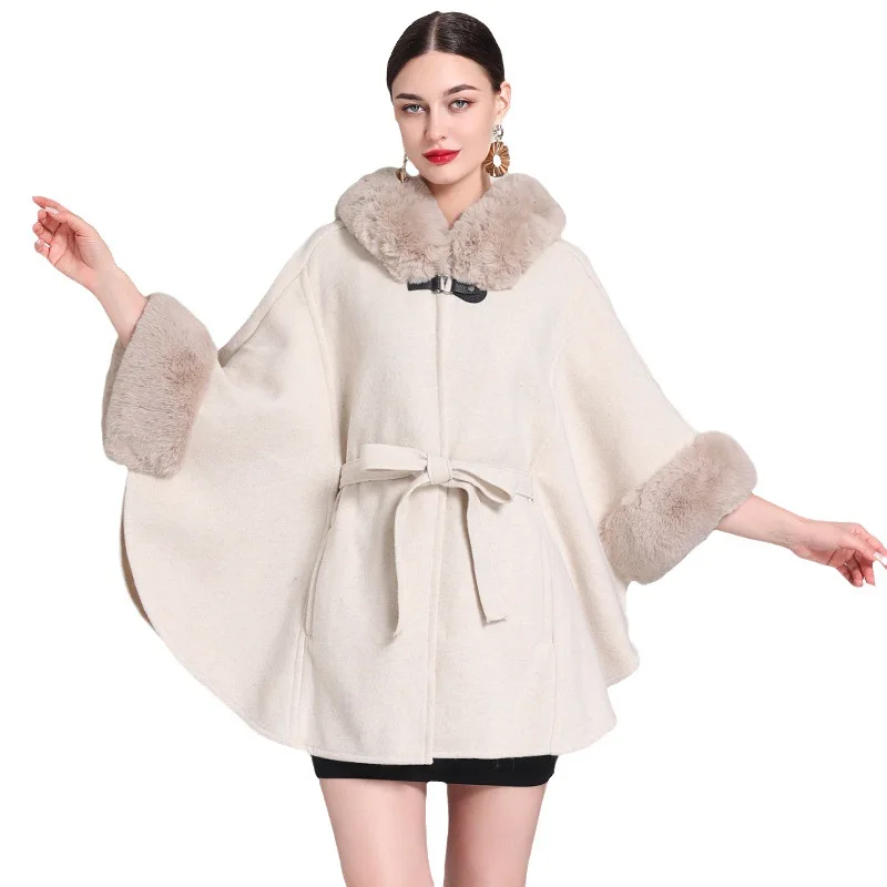 3 Colors Winter Warm Faux Woolen Poncho Belt Cape Women Rabbit Fur Big Batwing Sleeves Loose Long Cloak Coat With Hat