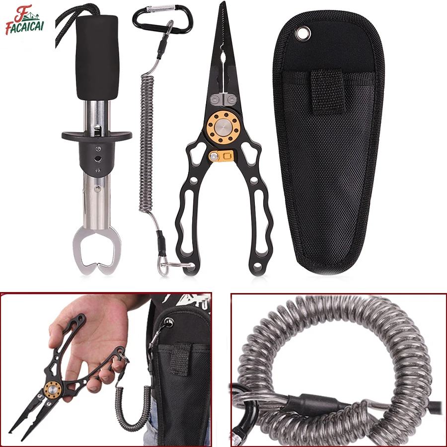 

4Pcs/ Set Muti-Function Fishing Pliers Large Fishing Tool Kit with Rubber Handle Lanyard Line Cutter and Hook Remover Sheath