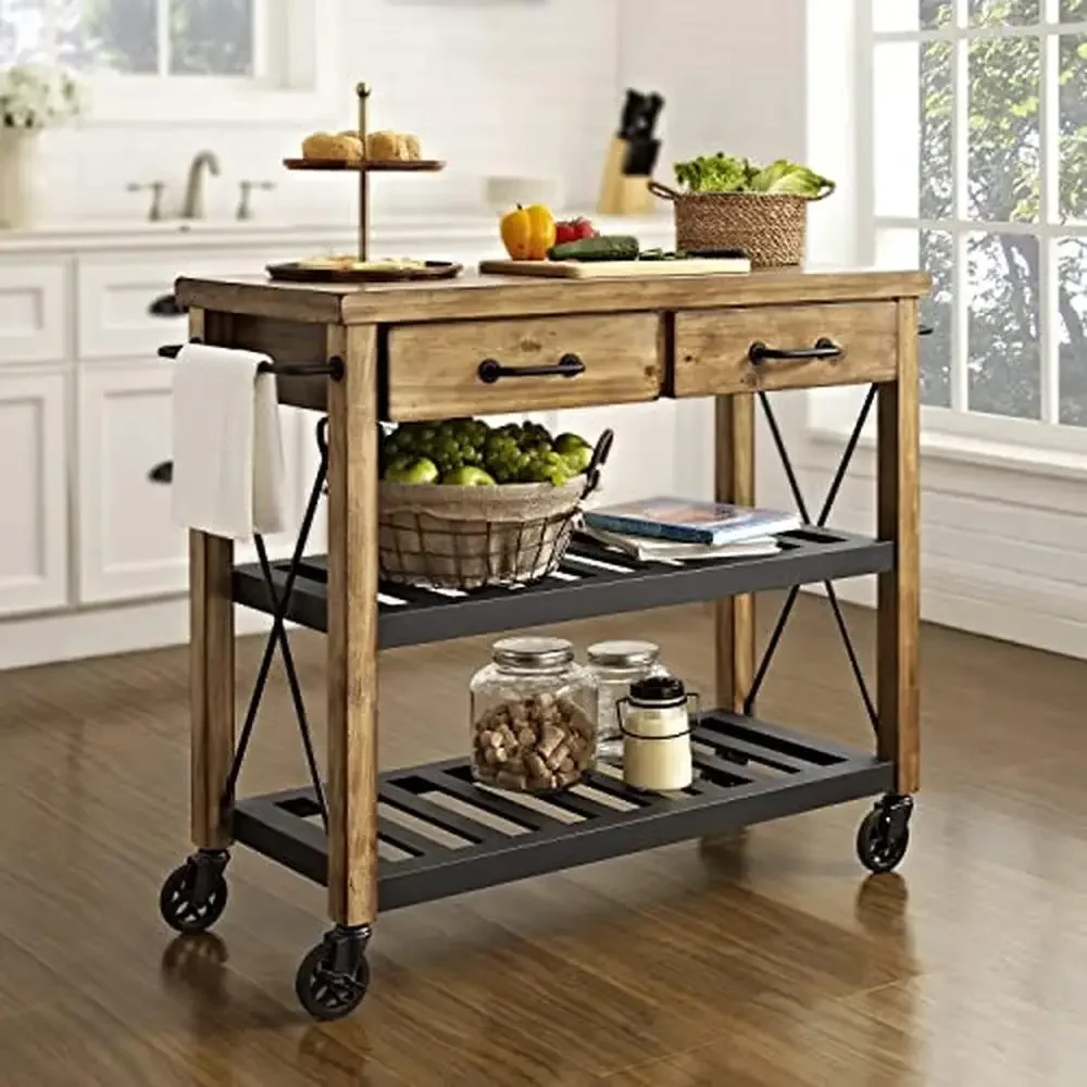 Industrial Rolling Kitchen Cart with Solid Pine Top and Steel Shelves Two Drawers Natural Wood Veneer Construction Heavy Duty image 2