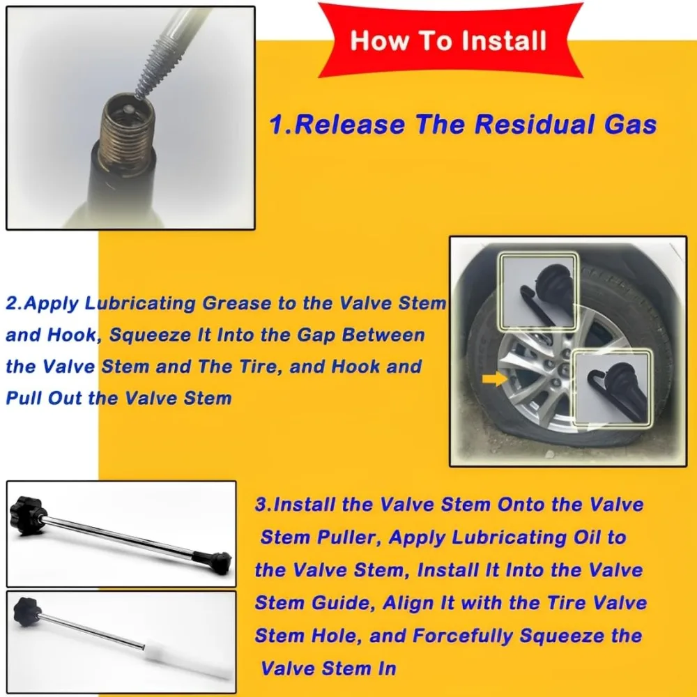 

Alloy Steel Tire Valve Stem Removal Tool Anti Slip Rubber Handles Effortless Replacement Tire Valve Tools Quick Change 4-in-1