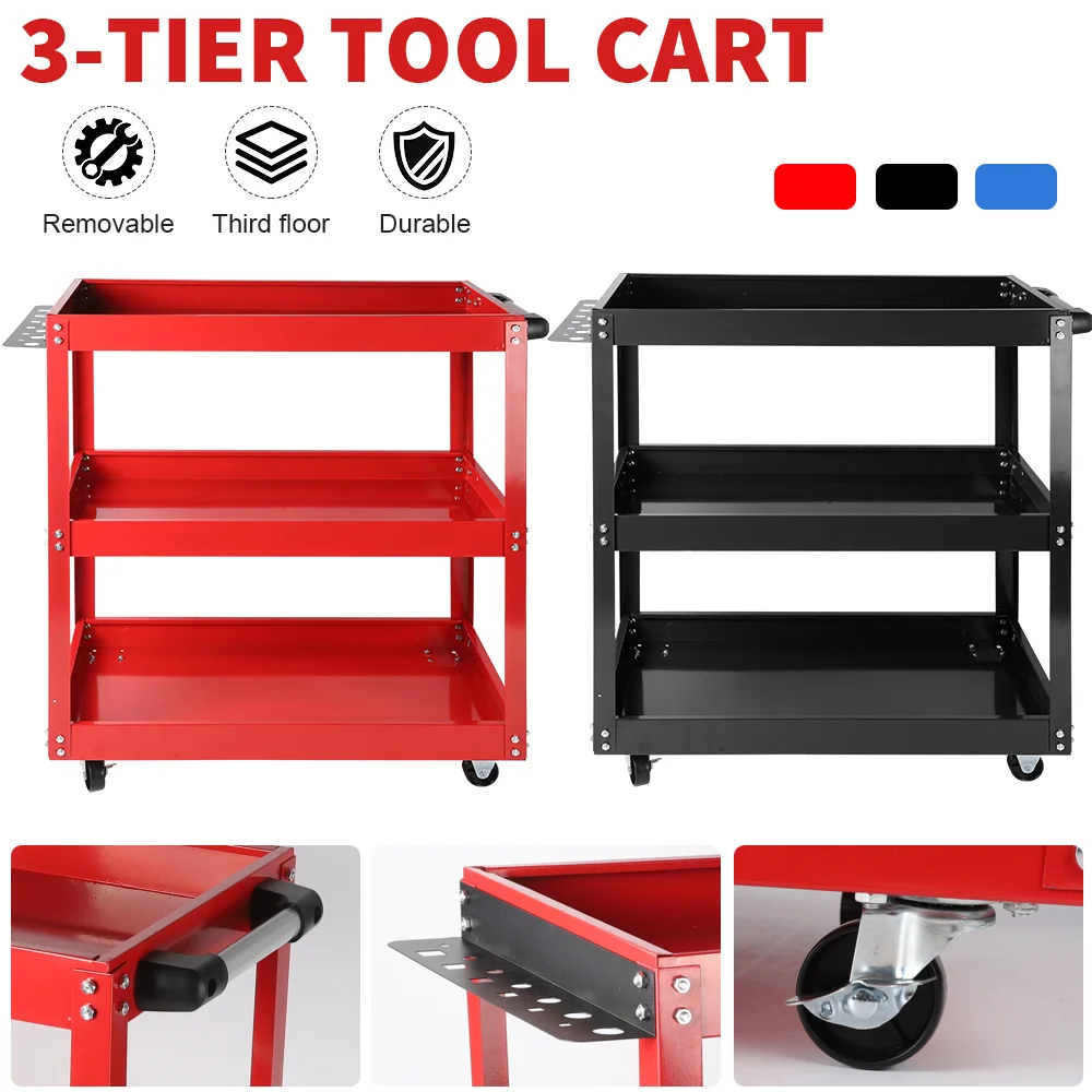 عربة تخزين الأدوات شديدة التحمل مكونة من 3 طبقات مع عجلات - منظم متين للمرآب والورش #3