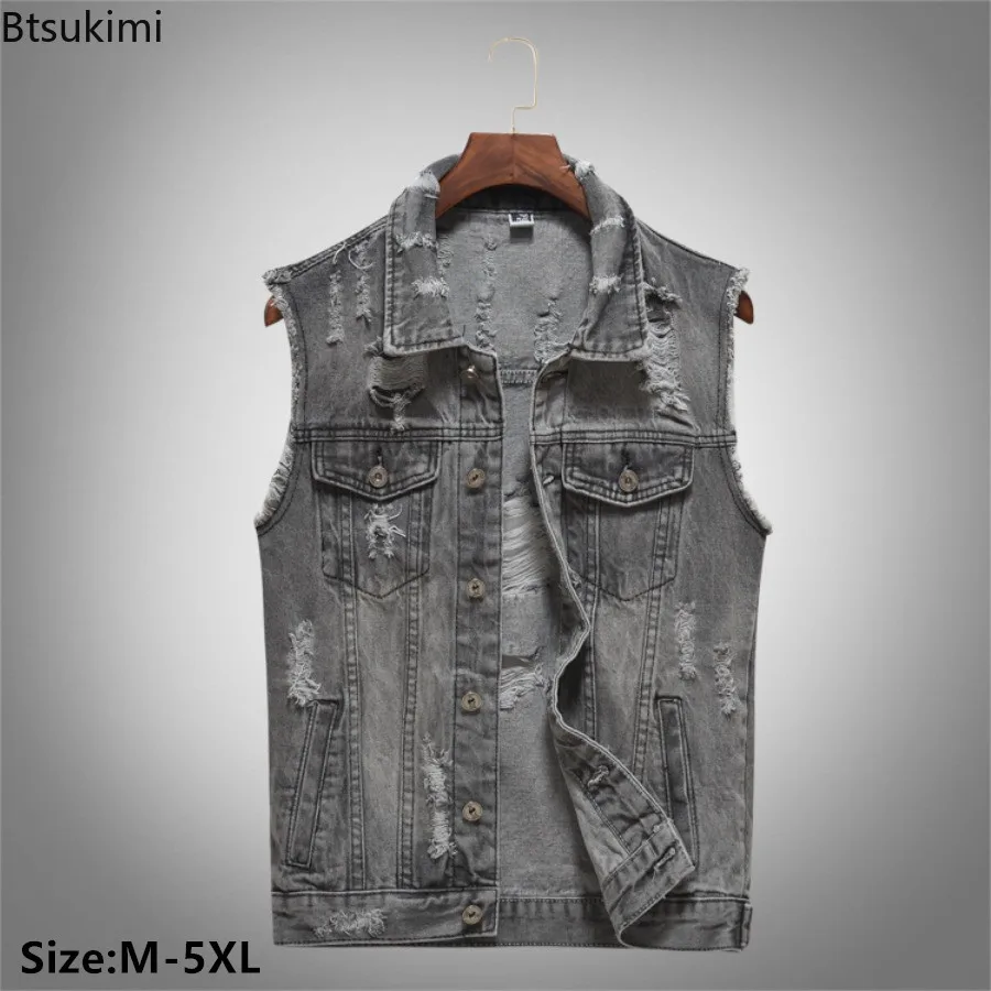 

New 2024 Men's Spring Autumn Denim Vests Handsome Motorcycle Waistcoat Fashion Korean Style Casual Sport Vest Coats Big Size 5XL