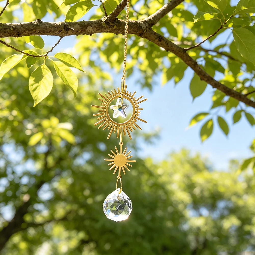 Brass Sunburst Star Crystal Suncatcher Prism Pendant Gold Metal Geometric Rainbow Maker Boho Garden Home Room Hanging Car Charm