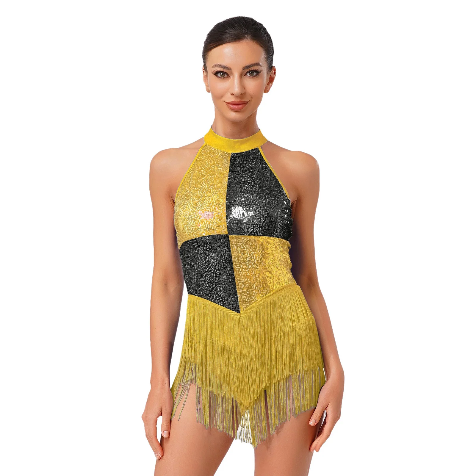 

Women Latin Jazz Samba Salsa Dance Performance Costume Sleeveless Backless Tassel Shiny Sequins Leotard Latin Cha-cha Dance Wear