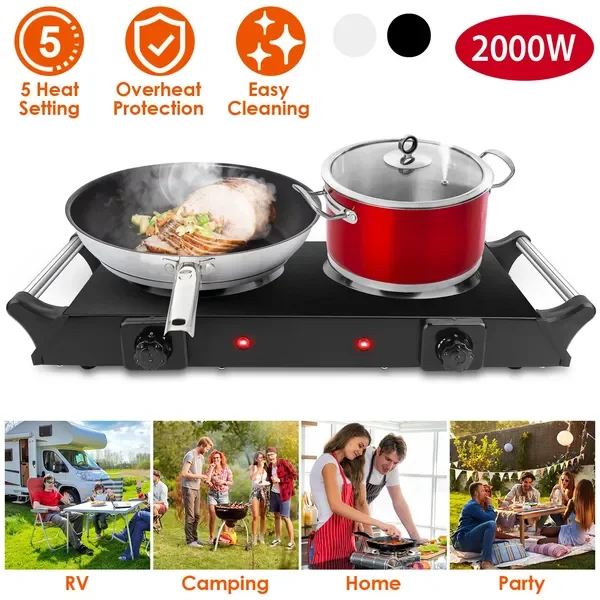 

2000W Electric Dual Burner Hot Plate with 5 Temp Settings, Portable for RV & Kitchen