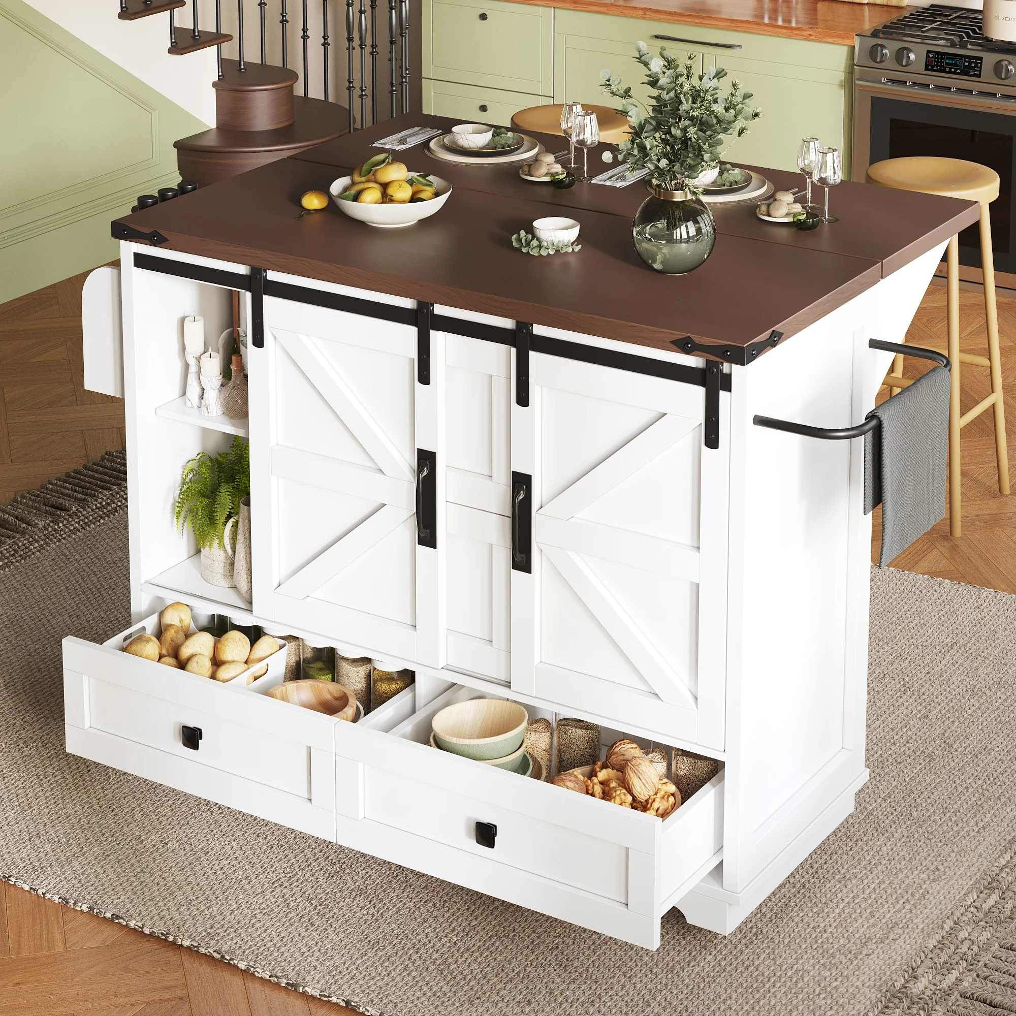 Cocina Desserte: Plataforma con descuento, puertas correderas, estantes ajustables, MDF-Blanco (118)