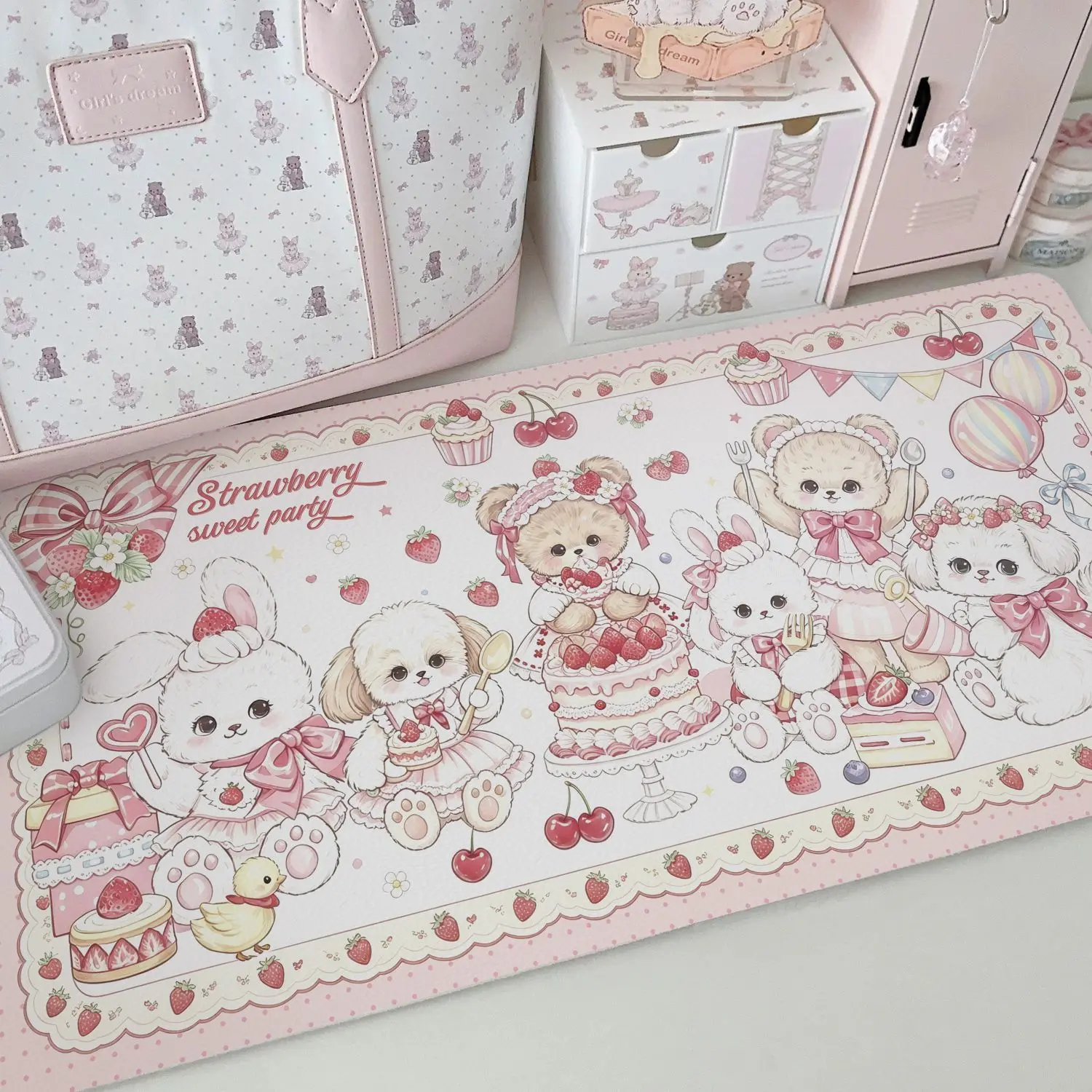 Pink Polka Dots Strawberry Cake Bear Y2K Girl Bunny Leather Desk Pad Protector Mouse Pad Office Desk Mat PU Desk Blotter Pad