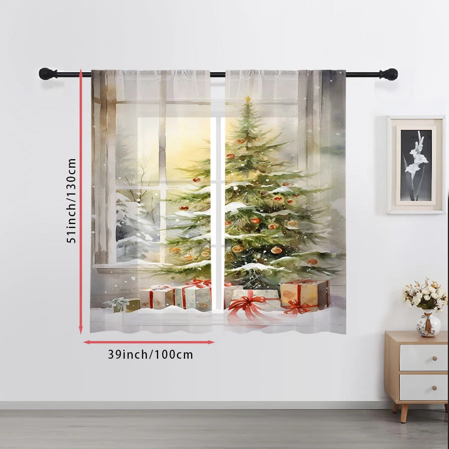 2PCS Watercolor Xmas Tree Sheer Curtains, Gift Box Snow Scene Print, Rod Pocket Window Drapes for Christmas Holiday Decor