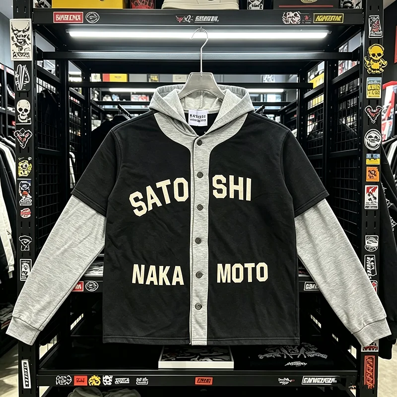 American Trend SATOSHI Hoodie Classic Embroidered Letter Washed Retro Double-layered Baseball Hooded Jacket Patchwork Design