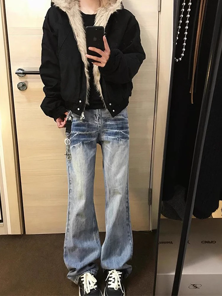 

Waed Blue Lightning Pattern Men's Jeans Spring Autumn Cleanfit Straight Leg Micro Flared Pants American High Street Sle