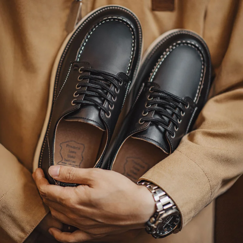 Maden Retro Black Work Low-top Boots for Men's Autumn and Winter Platform Sole Derby Shoes Lace Up Round Toe Casual Formal Shoes