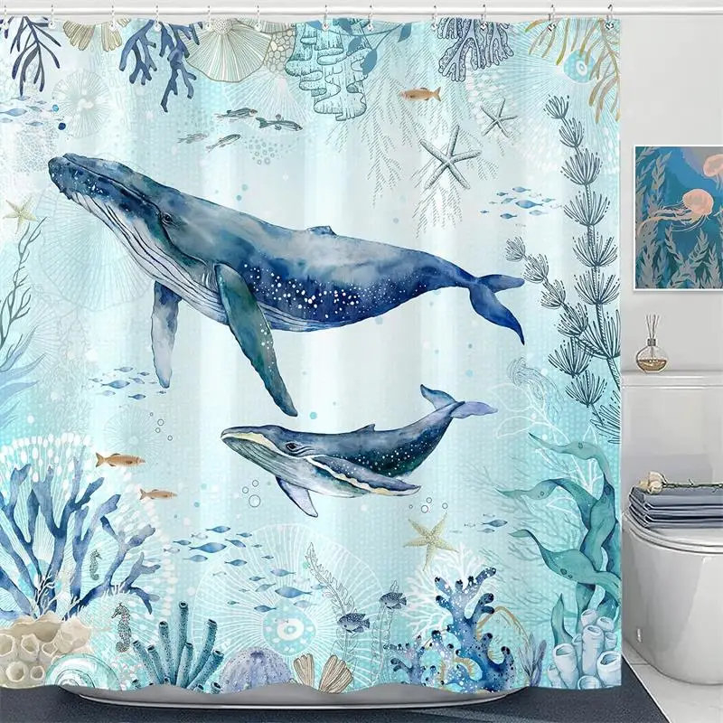 Ocean Sea Turtle Shower Curtains Fish Coral Starfish Shell Seaweed Watercolour Art Bathroom Curtain Fabric Home Decor with Hooks